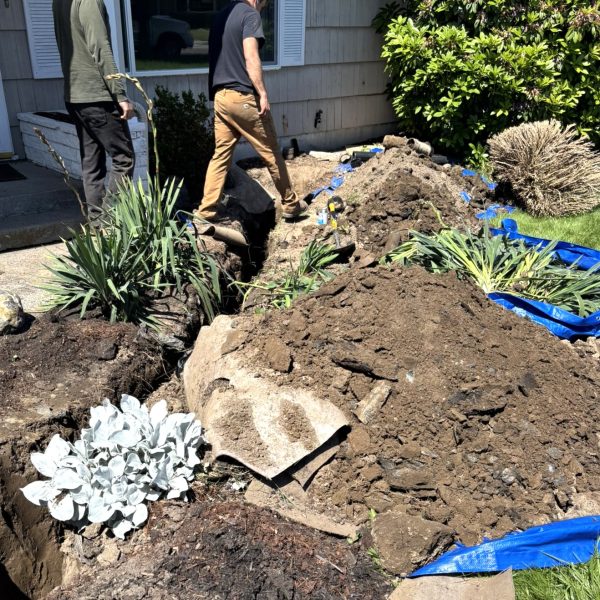 Main sewer line replacement excavation in Longview, WA